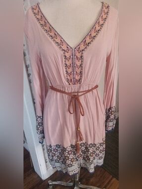 Peachpuff Bohemian Mini Dress Peach Multicolor Trim Flared Sleeves Lined Size M